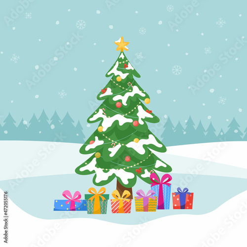 Decorated snow covered christmas tree with gift boxes, star and garlands, and decoration balls. Congratulation card template for Christmas and New Year. Vector flat illustration