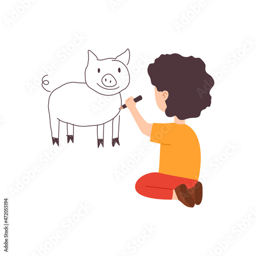 Kid drawing with crayon or pencil on wall, flat vector illustration isolated.