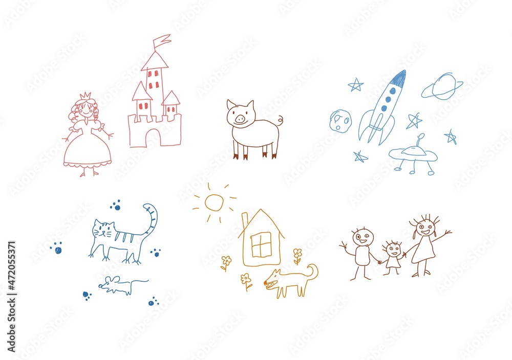 Children simple crayon drawings symbols set, vector illustration isolated. Children simple crayon drawings symbols set, vector illustration isolated.