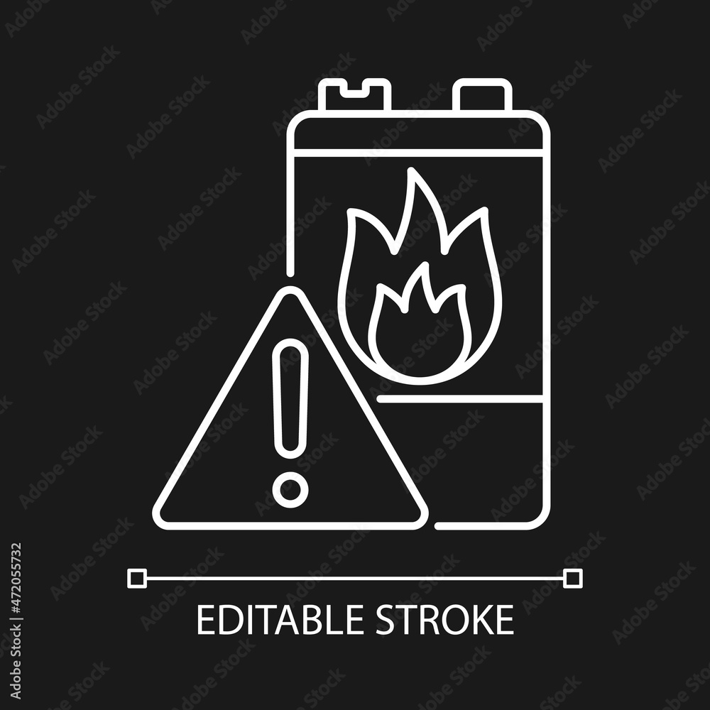 Naklejka premium Battery flammability white linear icon for dark theme. Accumulator flash point. Fire start risk. Thin line customizable illustration. Isolated vector contour symbol for night mode. Editable stroke