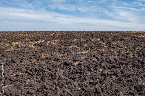 Blue sky and plowed field 