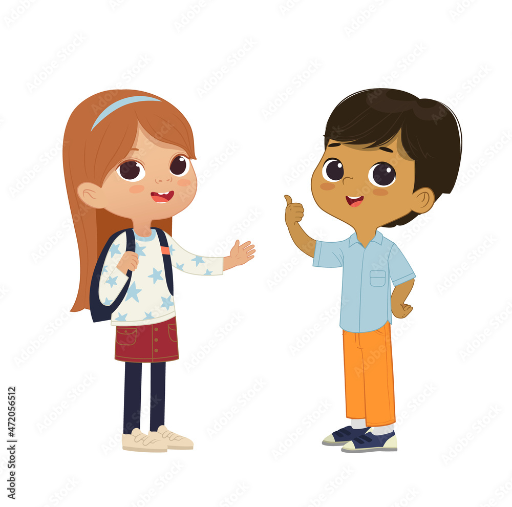 Cartoon vector illustration of the smiling cute boy and girl pointing at a bubble with place for text. Preschool children boy and girl. School kids illustration isolated on white background..