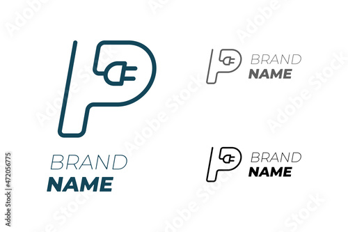 Initial letter P with electrical plug for technology business identity logotype concept. Electric car parking and charging graphic linear icon. Power energy brand dynamic logo design template. Vector