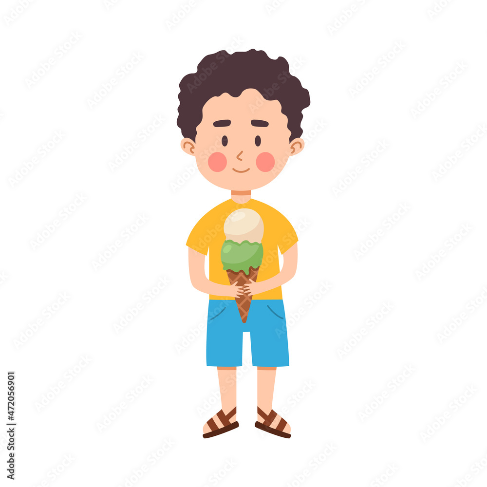 Cute child boy holds scoops of ice cream in waffle cone, flat vector illustration isolated on white background.