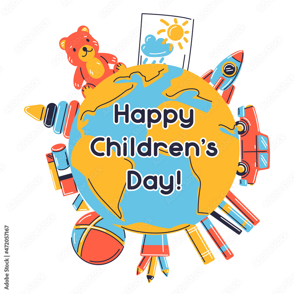 Fototapeta premium Happy children day greeting card. Illustration of earth with various kids toys.