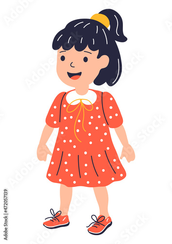 Illustration of standing smiling girl. Child in cartoon style. Image for school and kindergarten.
