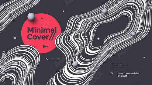 Black and white background with abstract wave. Striped wavy line compositions for cover, poster, landing page. Minimal fluid shapes illustration.