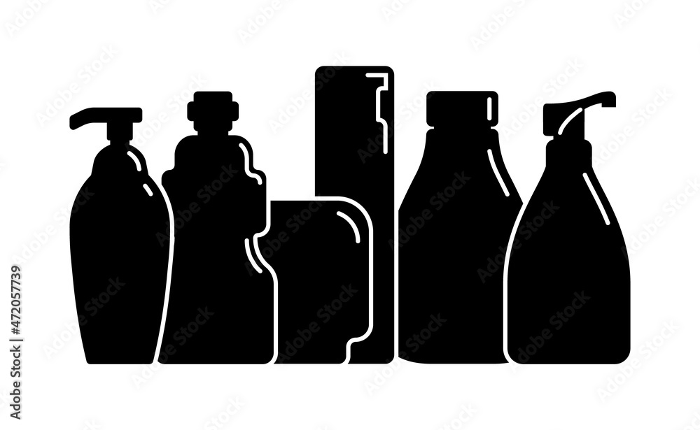 Cosmetic container. Group plastic cosmetic jar product. Oil, mask, cream. Illustration design in the form of black silhouette with thin white lines. Isolated icon in flat style on white background Cosmetic container. Group plastic cosmetic jar product. Oil, mask, cream. Illustration design in the form of black silhouette with thin white lines. Isolated icon in flat style on white background