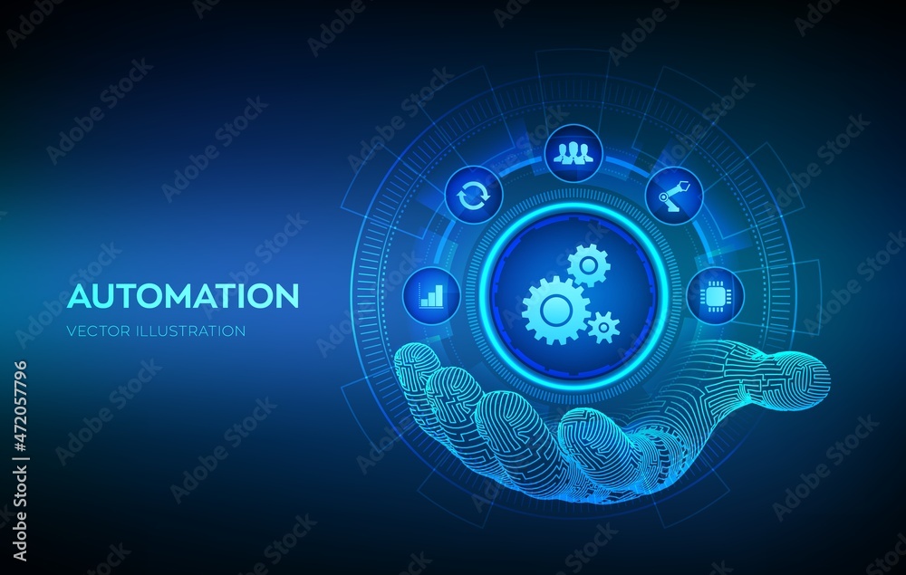 Automation Software. IOT and Automation concept as an innovation, improving productivity in technology and business processes. Robotic hand touching digital interface. Vector illustration.