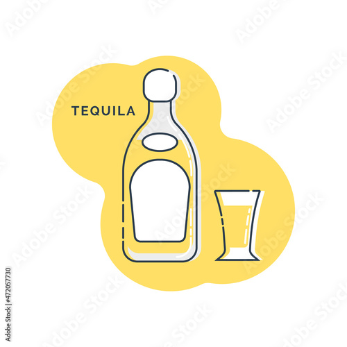 Bottle and glass tequila line art in flat style. Restaurant alcoholic illustration for celebration design. Design contour element. Beverage outline icon. Isolated on shape background in graphic style