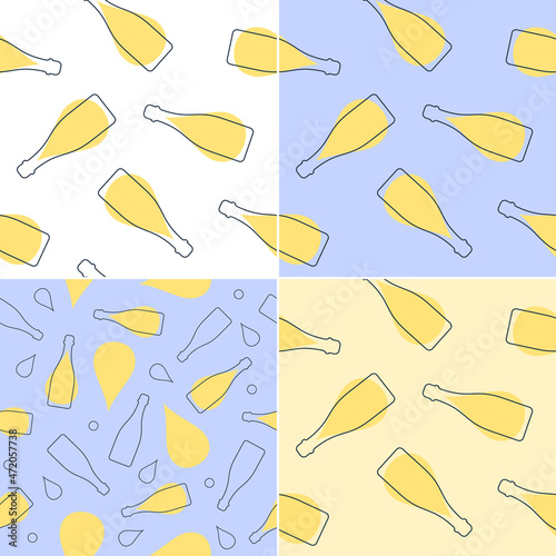 Champagne bottles and alcohol drop seamless pattern. Line art style. Outline image. Four repeat template. Party drinks. Color Illustration on white background. Flat design style for any purposes