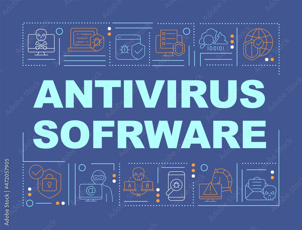Antivirus software installing to safe personal data word concepts banner. Infographics with linear icons on blue background. Isolated creative typography. Vector outline color illustration with text