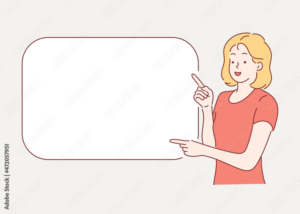 Hand drawn woman pointing finger at copy space. Hand drawn vector illustrations. Hand drawn woman pointing finger at copy space. Hand drawn vector illustrations.