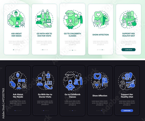 Supportive partner onboarding mobile app page screen. Show affection walkthrough 5 steps graphic instructions with concepts. UI, UX, GUI vector template with linear night and day mode illustrations