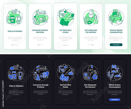 Healthy pregnancy onboarding mobile app page screen. Consume proteins walkthrough 5 steps graphic instructions with concepts. UI, UX, GUI vector template with linear night and day mode illustrations