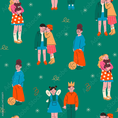 Set of playful preteen children in trendy casual clothes. Group of cool kids are standing. Different outfit. Modern fashion look. Hand drawn Vector seamless Pattern. Cartoon trendy style