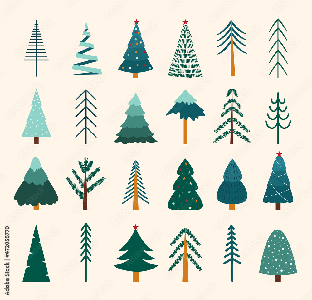 Collection of Christmas trees, modern flat design. For printed materials - leaflets, posters, greeting cards or for web