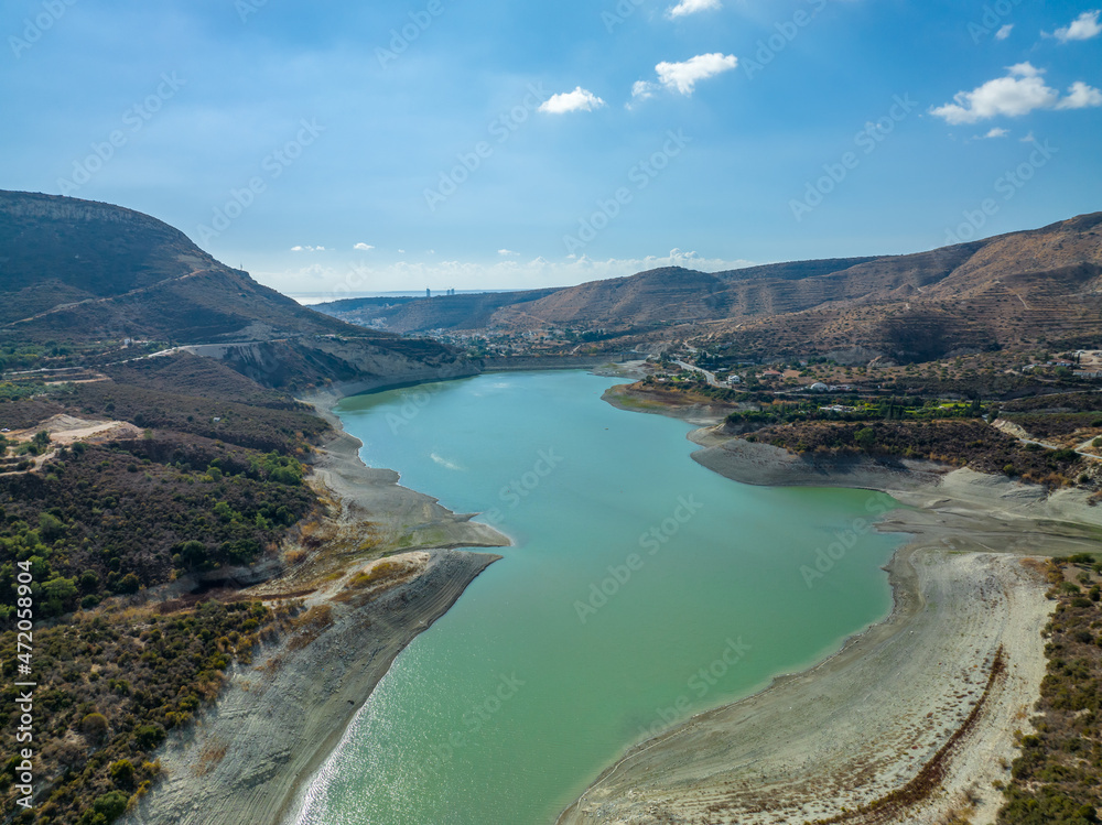 Cyprus - Water reservoir at the mountains from drone view