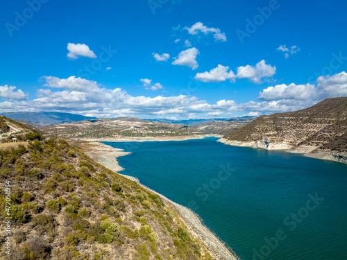 Cyprus - Water reservoir at the mountains from drone view