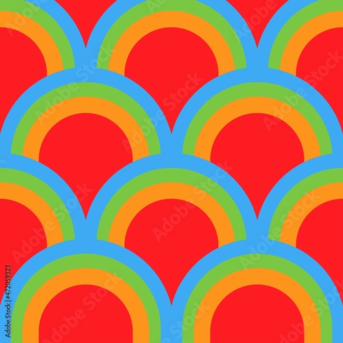 Rounded geometric shapes. Abstract Arch. Vector EPS 10. Colorful digital illustration for textile design, packaging design. Wrapping paper print. Seamless pattern. Graphic design. 70s funk style. 