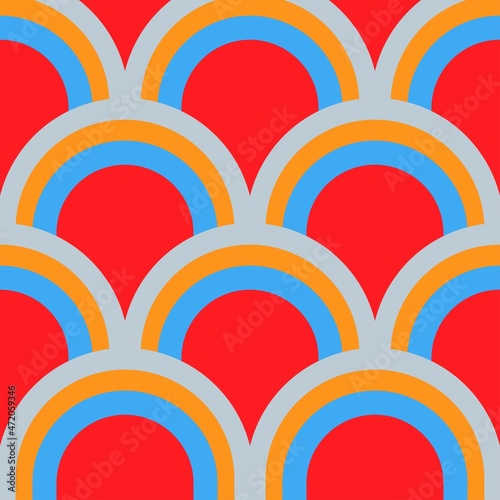 Rounded geometric shapes. Abstract Arch. Vector EPS 10. Colorful digital illustration for textile design, packaging design. Wrapping paper print. Seamless pattern. Graphic design. 70s funk style. 