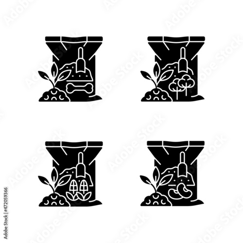 Organic supplements black glyph icons set on white space. Natural fertilizers for ground. Plants growth and thrive increasing. Dry additive. Silhouette symbols. Vector isolated illustration