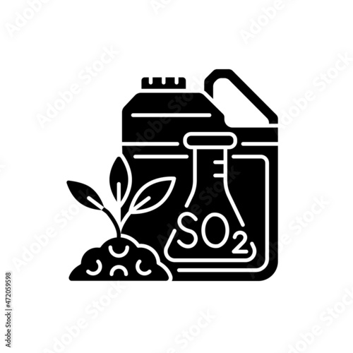 Sulphur fertilizer black glyph icon. Plants and crop nourishing. Growth and fertility increasing. Chemical element and additive. Silhouette symbol on white space. Vector isolated illustration