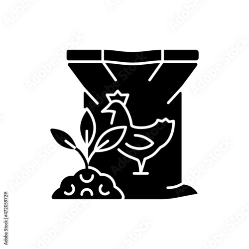 Chicken poultry manure black glyph icon. Plants and crops organic nourishing. Growth and fertility increasing. Ground additive. Silhouette symbol on white space. Vector isolated illustration