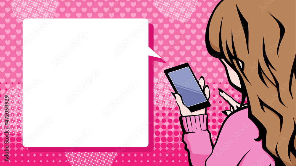 ハートの背景とスマホを操作する女性のイラスト_アメコミ風_16:9
