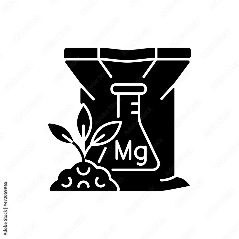 Magnesium fertilizer black glyph icon. Chemical plant and soil supplement. Magnesia ground enrichment. Minerals and nutrients. Silhouette symbol on white space. Vector isolated illustration Magnesium fertilizer black glyph icon. Chemical plant and soil supplement. Magnesia ground enrichment. Minerals and nutrients. Silhouette symbol on white space. Vector isolated illustration