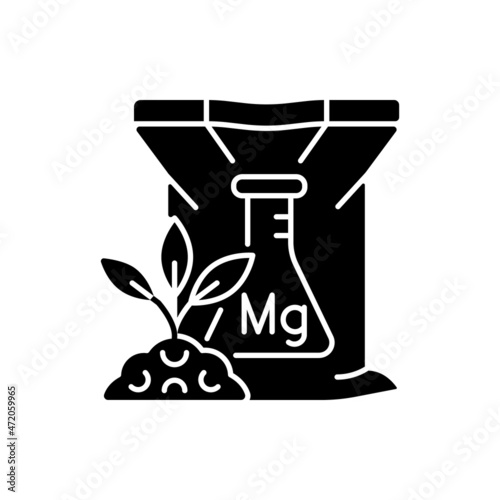 Magnesium fertilizer black glyph icon. Chemical plant and soil supplement. Magnesia ground enrichment. Minerals and nutrients. Silhouette symbol on white space. Vector isolated illustration