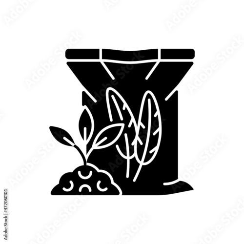 Feather meal black glyph icon. Organic soil and plants supplement. Poultry byproduct used as plant feeding. Natural additive. Silhouette symbol on white space. Vector isolated illustration