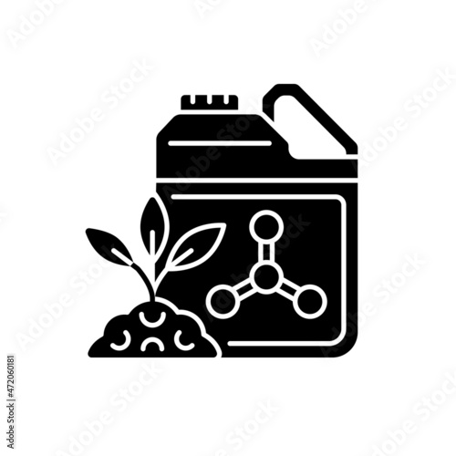 Synthetic fertilizers black glyph icon. Inorganic substance for feeding plants. Chemical feeding and supplement for crops. Silhouette symbol on white space. Vector isolated illustration
