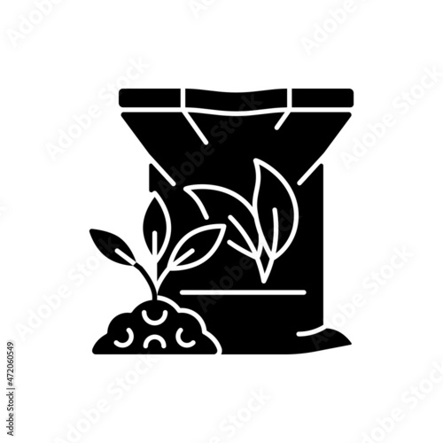 Organic fertilizers black glyph icon. Natural supplements for soil and plants. Ground enricher. Minerals and nutrients. Silhouette symbol on white space. Vector isolated illustration