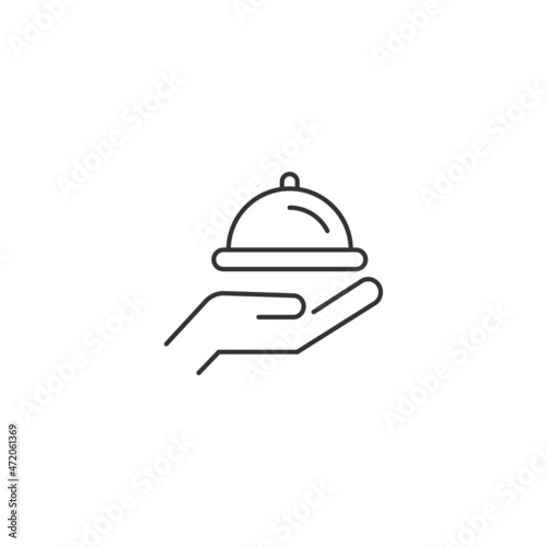 Giving and present concept. High quality editable strokes in flat style. Suitable for advertisig, web sites, online shopes, stores etc. Line icon of bowl with cloche over hand