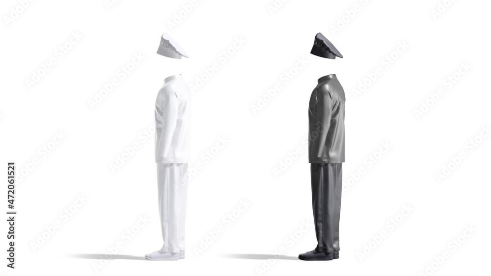 Blank black and white full chef uniform mockup, looped rotation, 3d