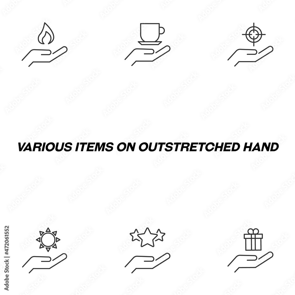 Giving and present concept. Collection of modern outline symbols for web sites, advertisment. Line icon of flame, coffee cup, target, sun, star, gift over hand Giving and present concept. Collection of modern outline symbols for web sites, advertisment. Line icon of flame, coffee cup, target, sun, star, gift over hand