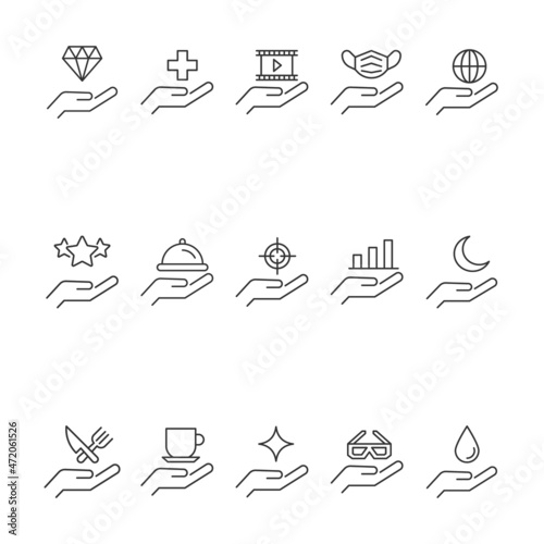 Giving and present concept. Collection of modern outline symbols for web sites, advertisment. Line icon of jewel, cross, cine film, moon, drop, etc