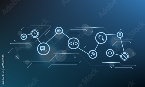 information technology . Blue banner with icons related to remote or online tech support, technical assistance, software service. vector illustration concept