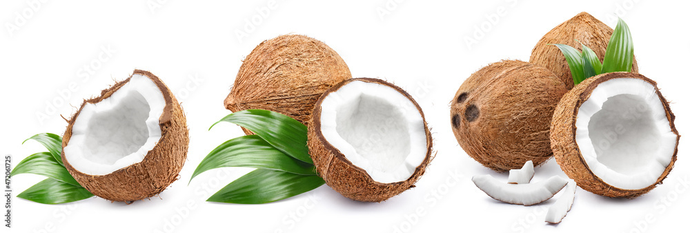 Collection of coconuts with leaves, isolated on white background Collection of coconuts with leaves, isolated on white background