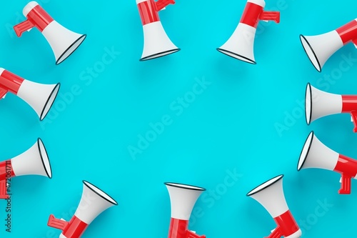Circle of white and red megaphones or bullhorns over cyan blue background, business announcement or communication concept, flat lay top view from above with copy space
