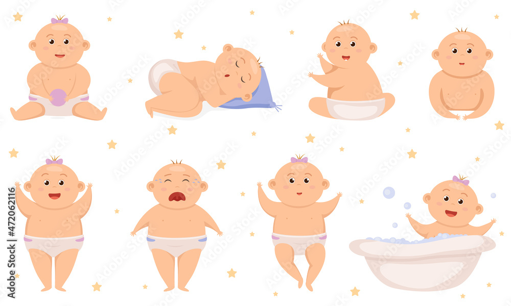 Set with cute little baby boy in diaper. Active baby. Infant new born. Toddler babies activity cute cheerful characters nowaday Set with cute little baby boy in diaper. Active baby. Infant new born. Toddler babies activity cute cheerful characters nowaday