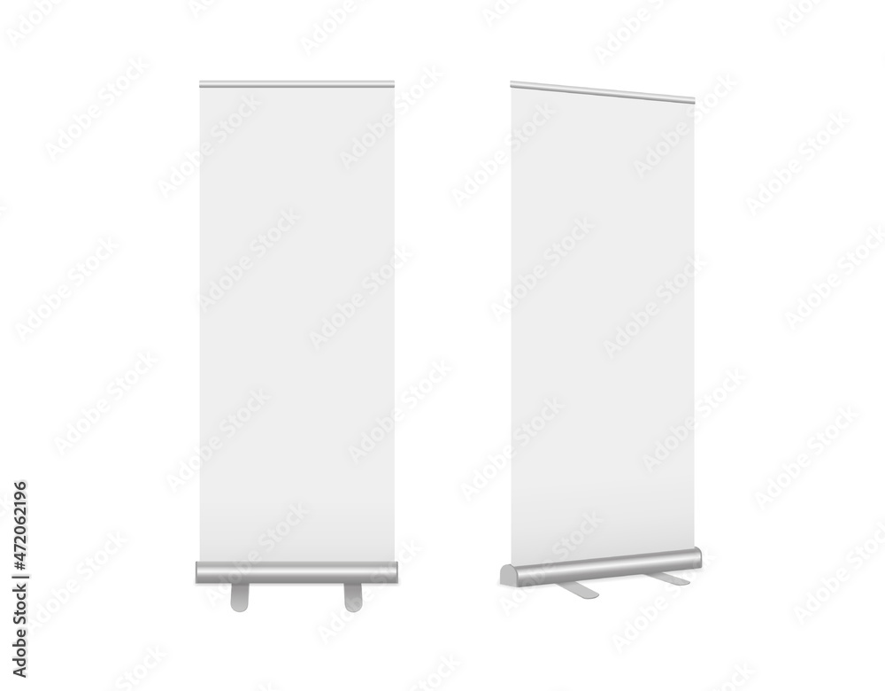Roll-Up banners set. Vector realistic Mock-up. Vertical templates for branding, conferences, exhibitions, shows. Mobile classic advertising stands on legs isolated on white. EPS10. Roll-Up banners set. Vector realistic Mock-up. Vertical templates for branding, conferences, exhibitions, shows. Mobile classic advertising stands on legs isolated on white. EPS10.