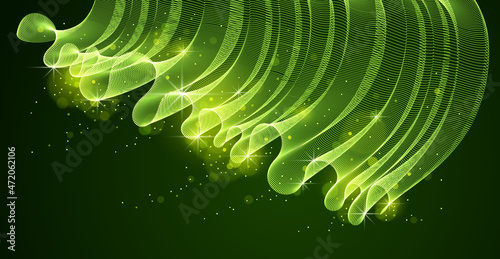 Flowing magic particles wave over dark, transparent tulle textile on wind, dynamic motion curve lines. 3d vector illustration. Beautiful calming wave shaped array of blended points.