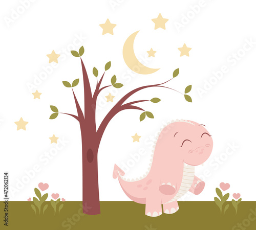 Princess dinosaur poster. Cute pink dino girls. Childish print for nursery, kids apparel, invitation, postcard. Vector illustration EPS10