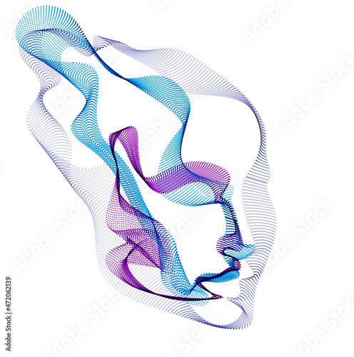 Beautiful vector human face portrait, artistic illustration of man head made of dotted particles array, Artificial Intelligence, pc programming software interface, digital soul.