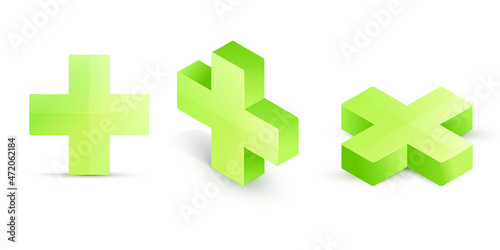 Green cross. Vector set. Cross symbol of safety guidance. Green plus sign