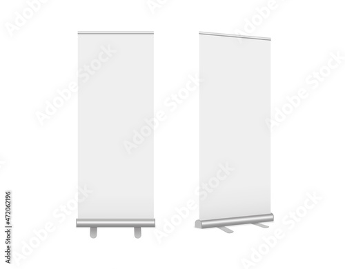 Roll-Up banners set. Vector realistic Mock-up. Vertical templates for branding, conferences, exhibitions, shows. Mobile classic advertising stands on legs isolated on white. EPS10.