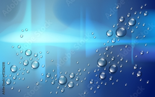 Water rain drops or condensation over blurred city background beyond the window, realistic transparent 3d vector illustration, easy to put over any background or use droplets separately.