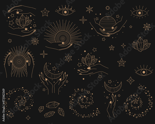 Set of alchemy esoteric mystical magic celestial icons, sun, moon phases, stars. Golden magical asmr icons and logos, minimalistic vector illustrations